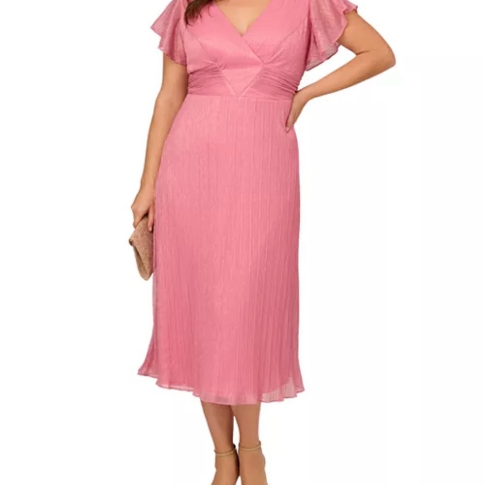 Adrianna Papell Pink Pleated Midi Dress V-Neck Flutter Sleeves